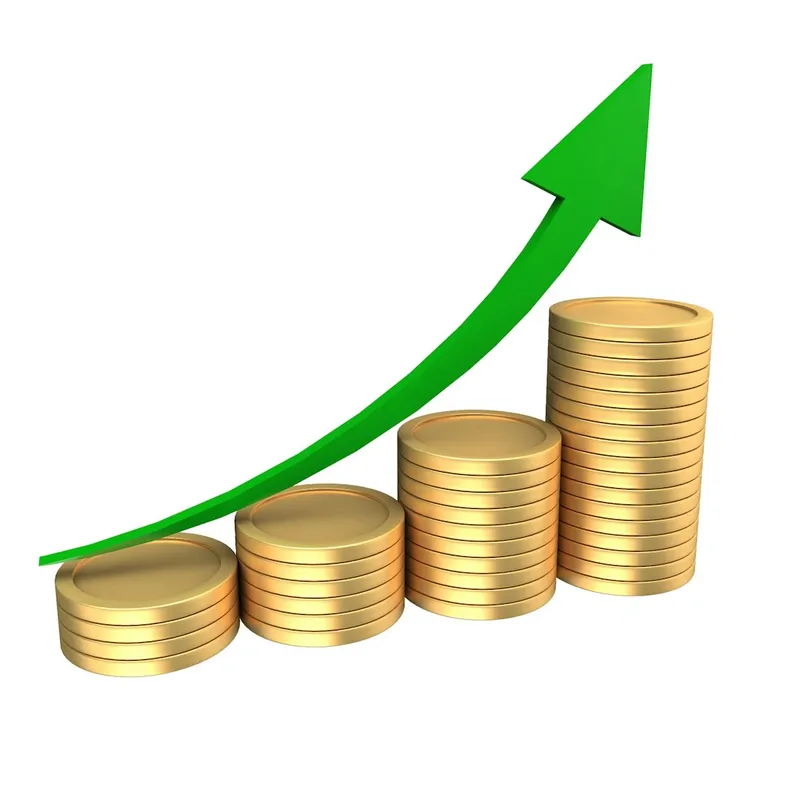 Gold coin stacks with green upward arrow symbolizing investment growth, profit increase, and financial success, clean 3D business finance concept isolated on white background.