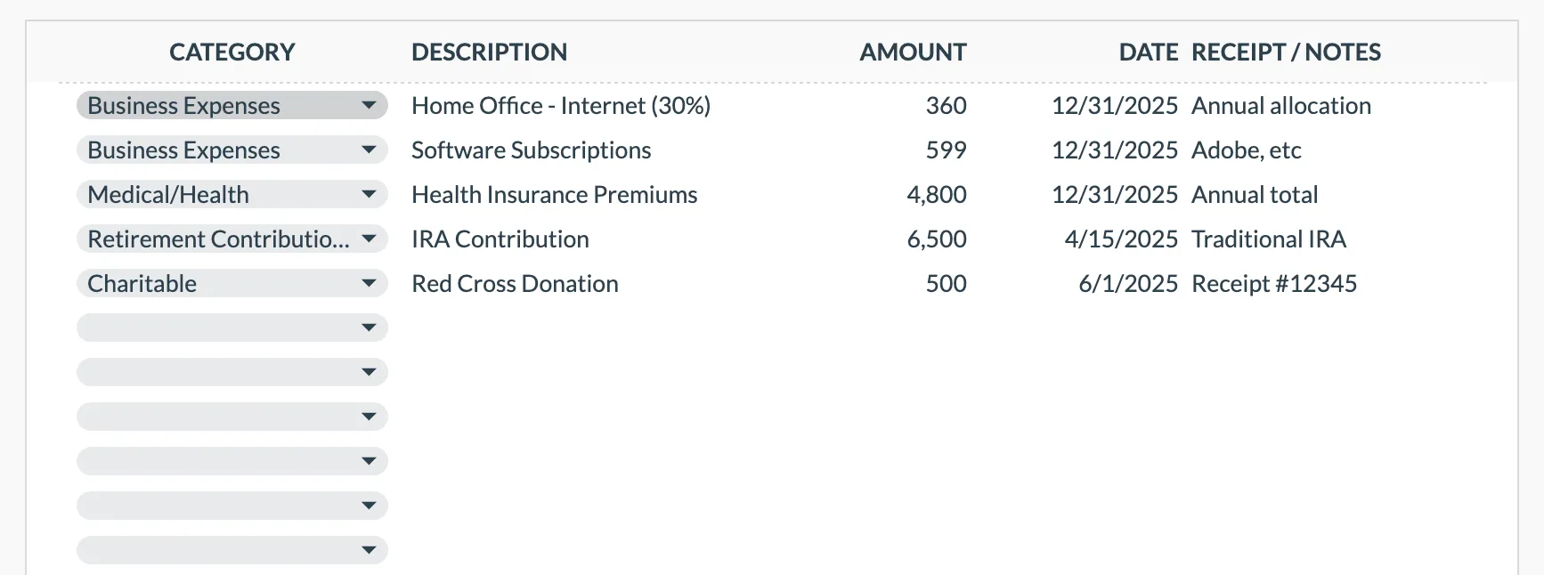 The Annual Tax Planner deduction log, showing a category dropdown next to description, amount, date, and a receipt/notes column