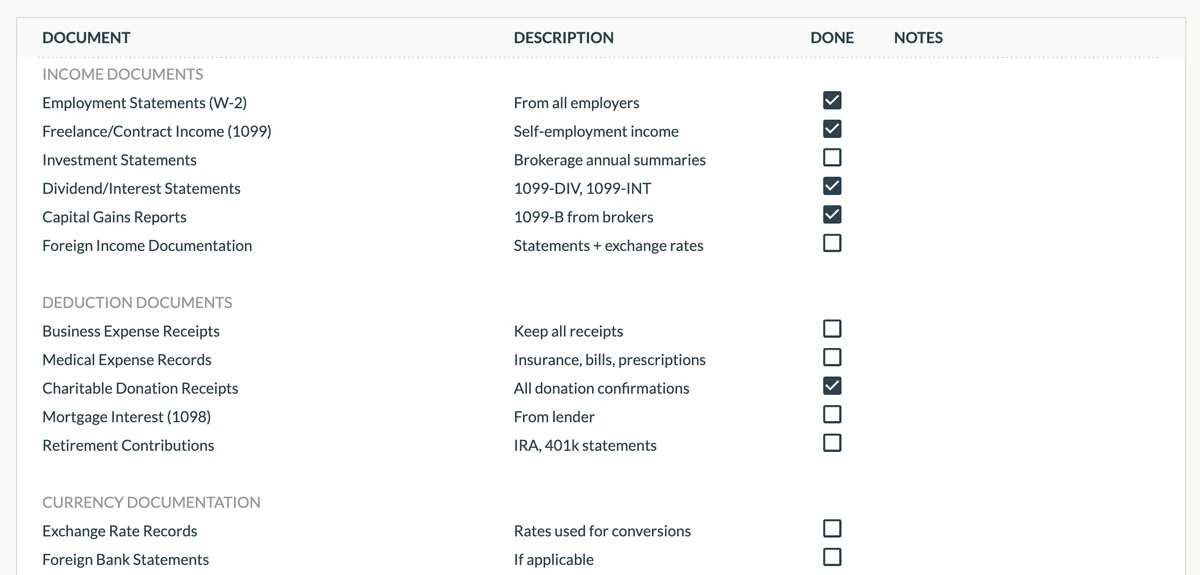 Tax Documents Checklist