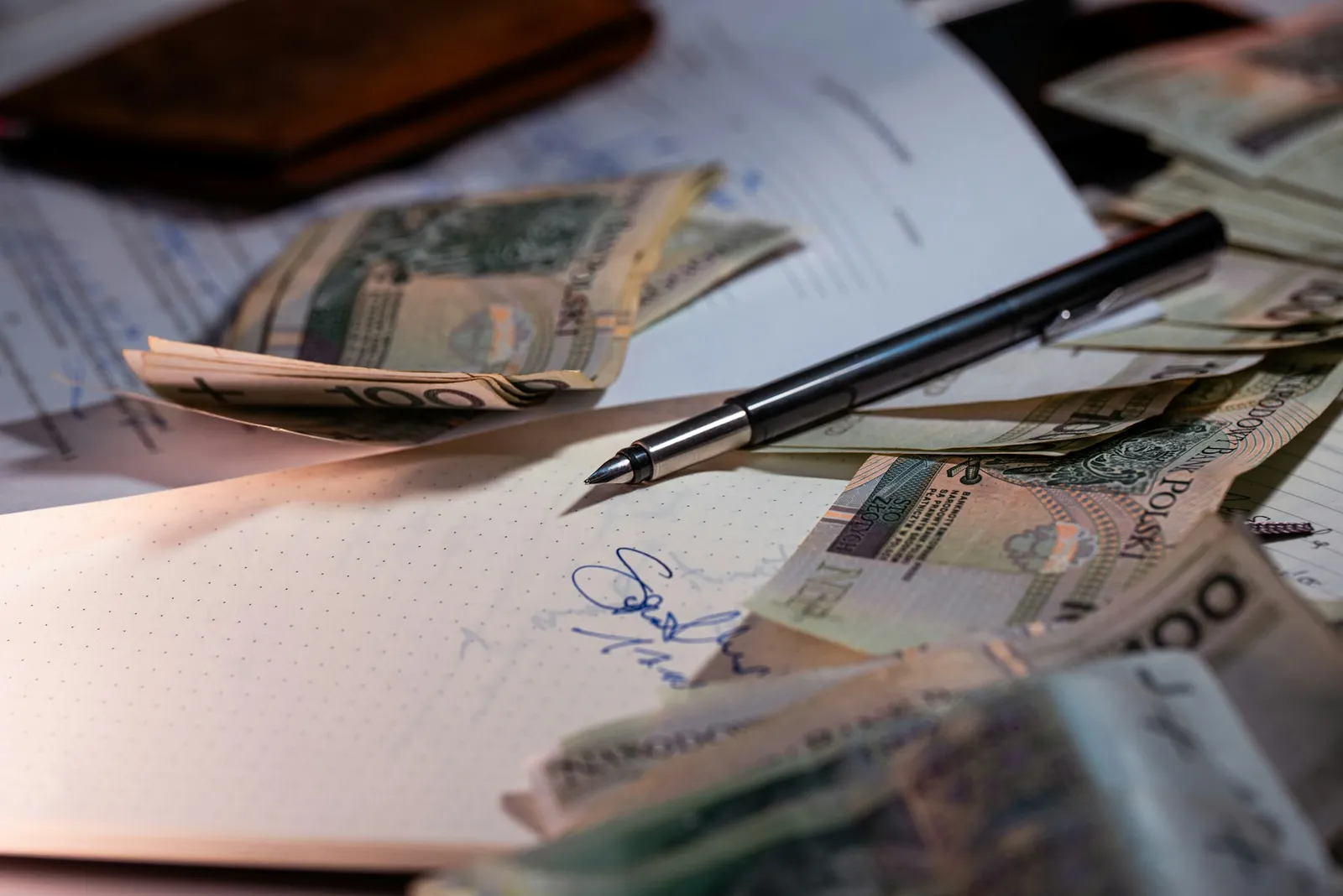 Flat lay of US dollar bills, coins, and a black pen scattered across printed financial documents on a dark surface