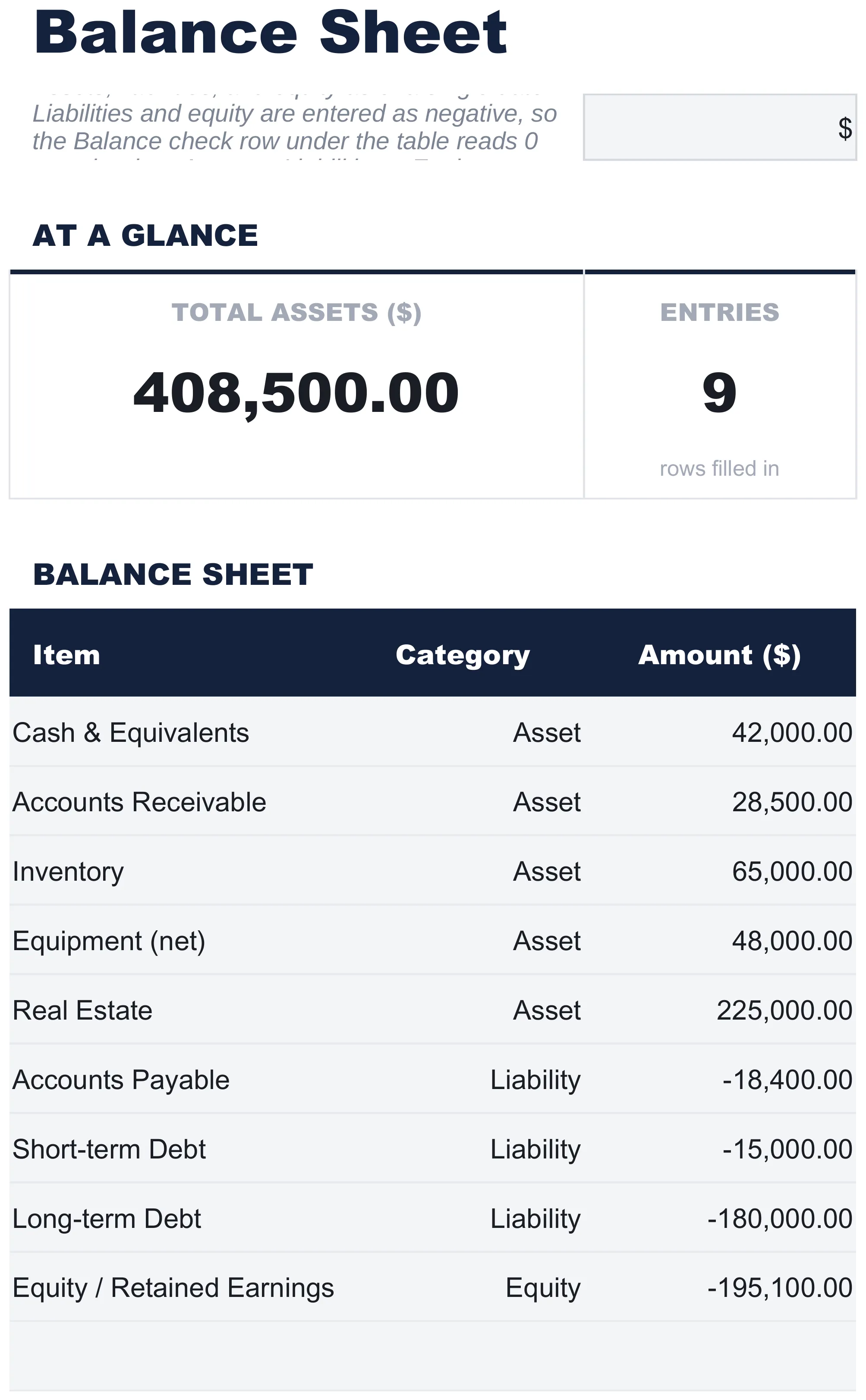 Free Balance Sheet Spreadsheet Template for Google Sheets & Excel - dashboard preview