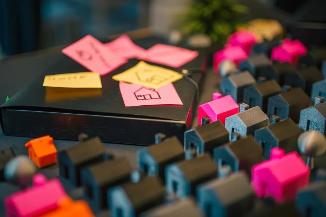 architectural model of the estate document folder colorful sticky notes