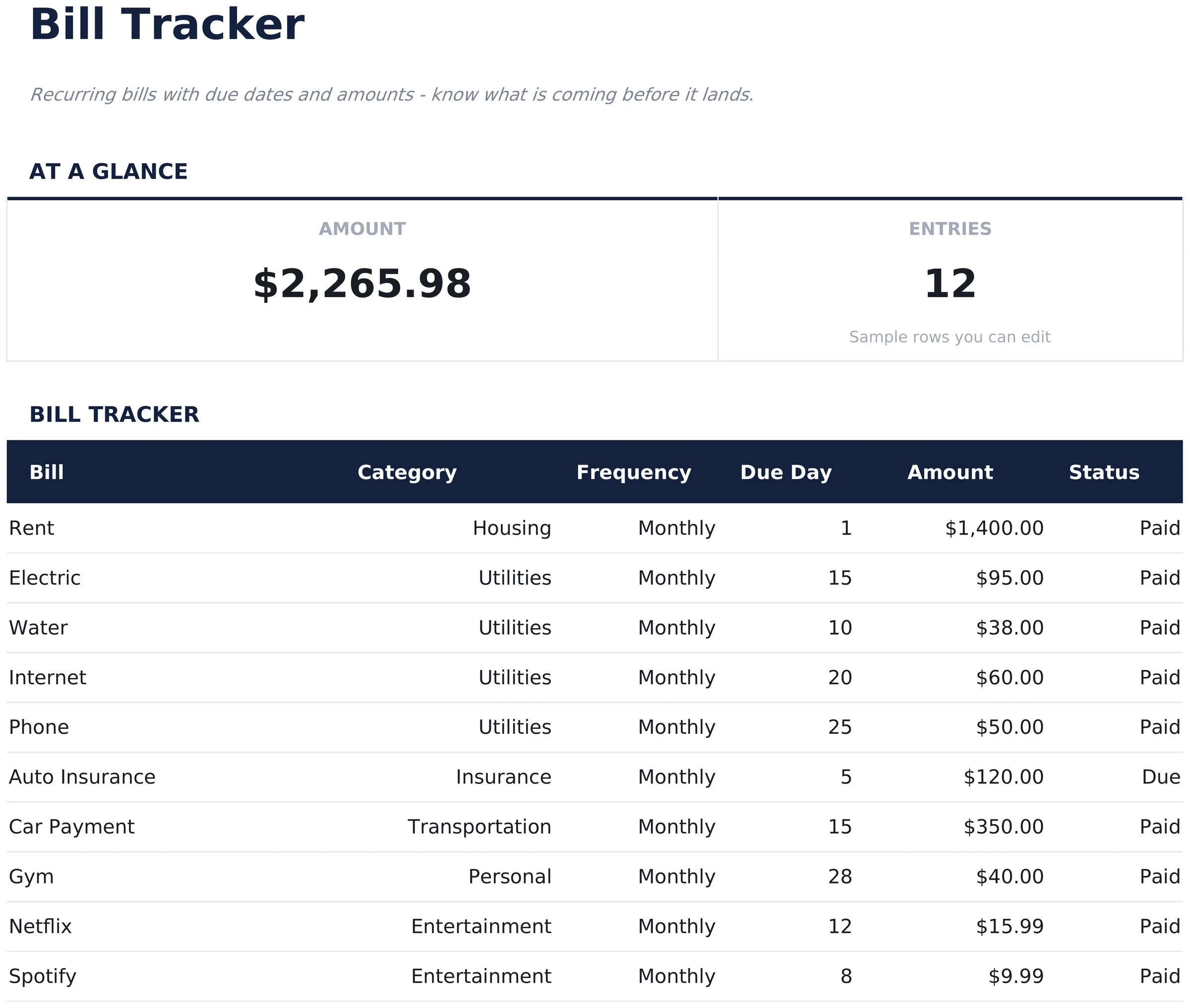 Bill Tracker preview