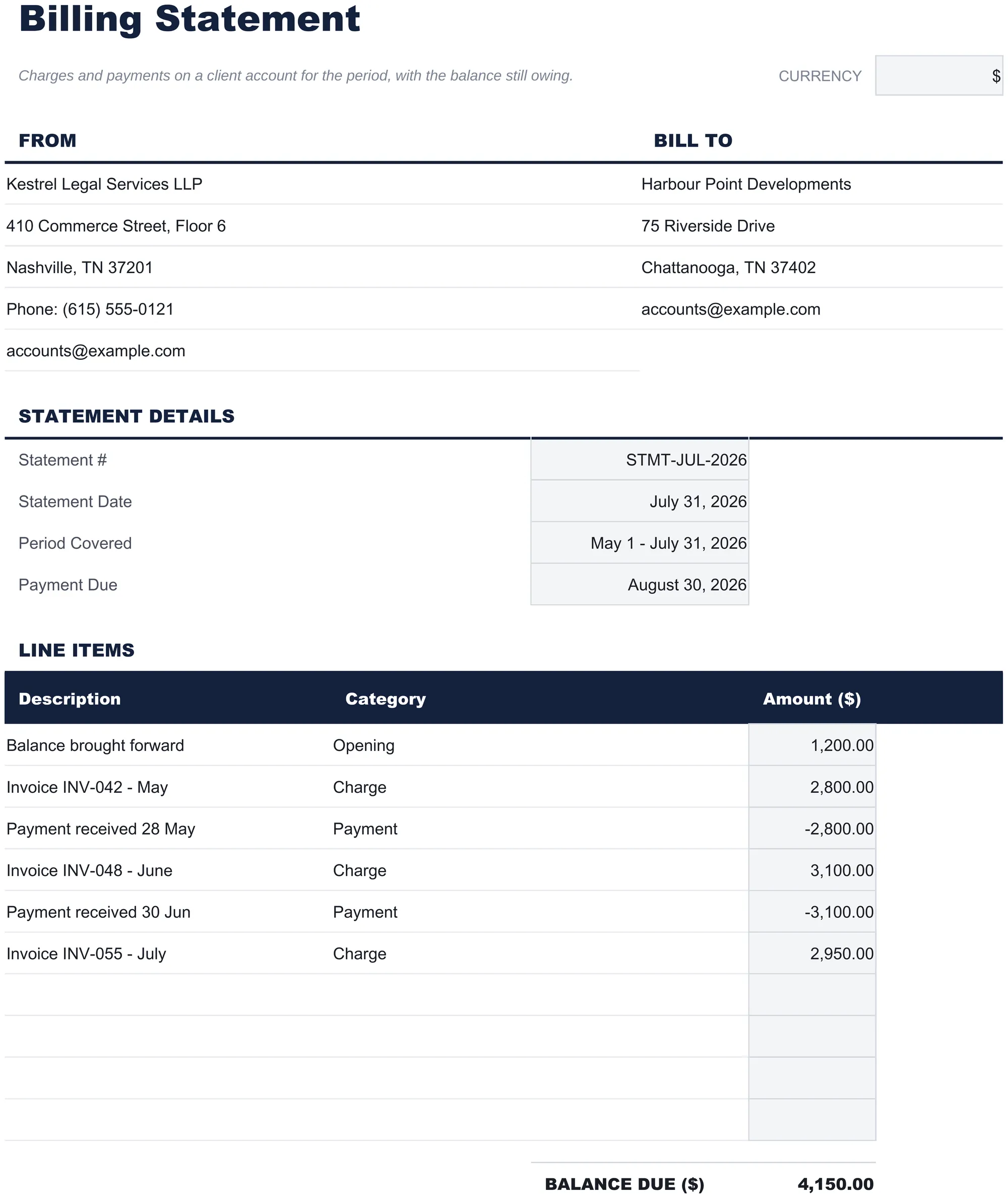 Free Billing Statement Spreadsheet Template for Google Sheets & Excel - dashboard preview