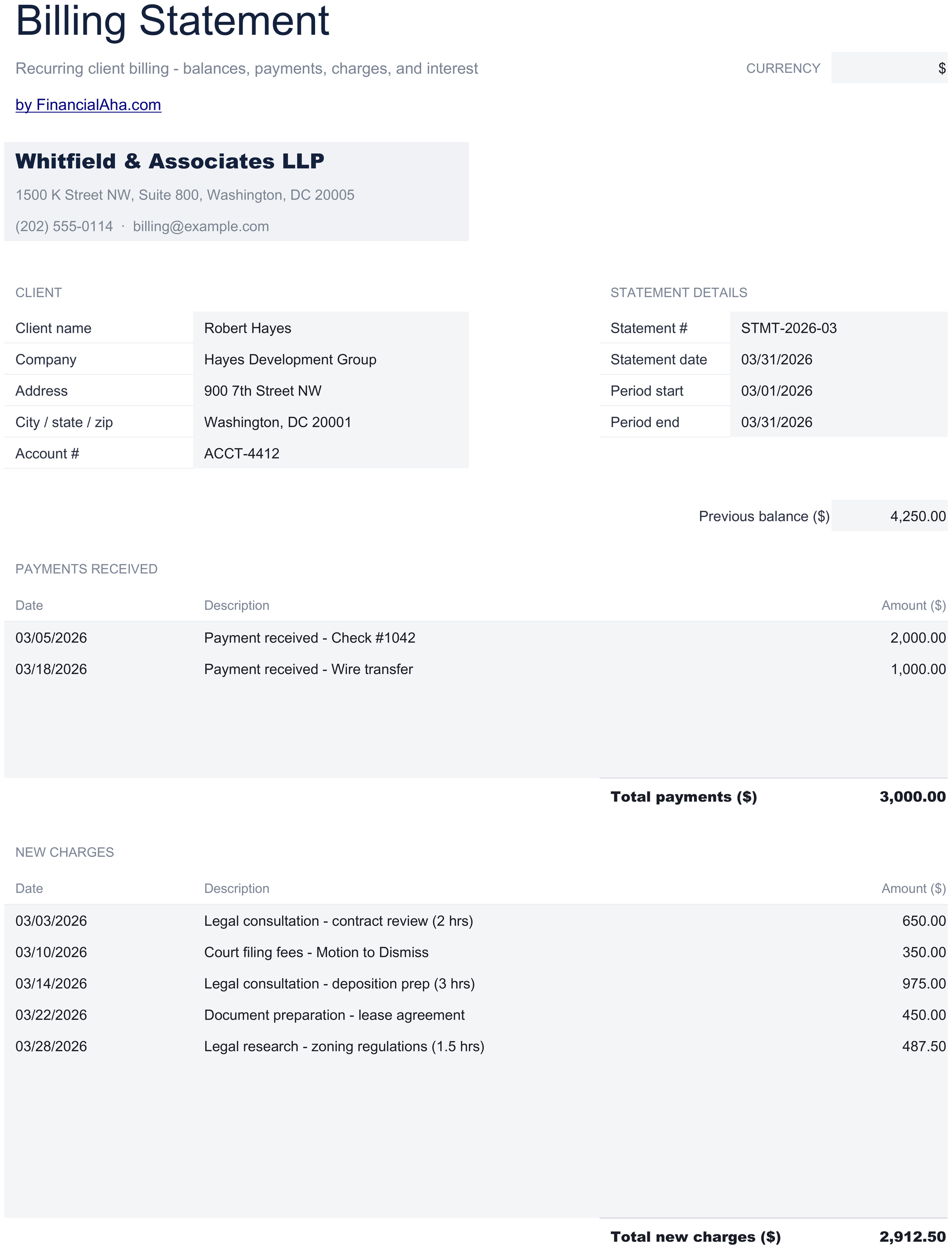 Essentials Billing Statement spreadsheet template preview