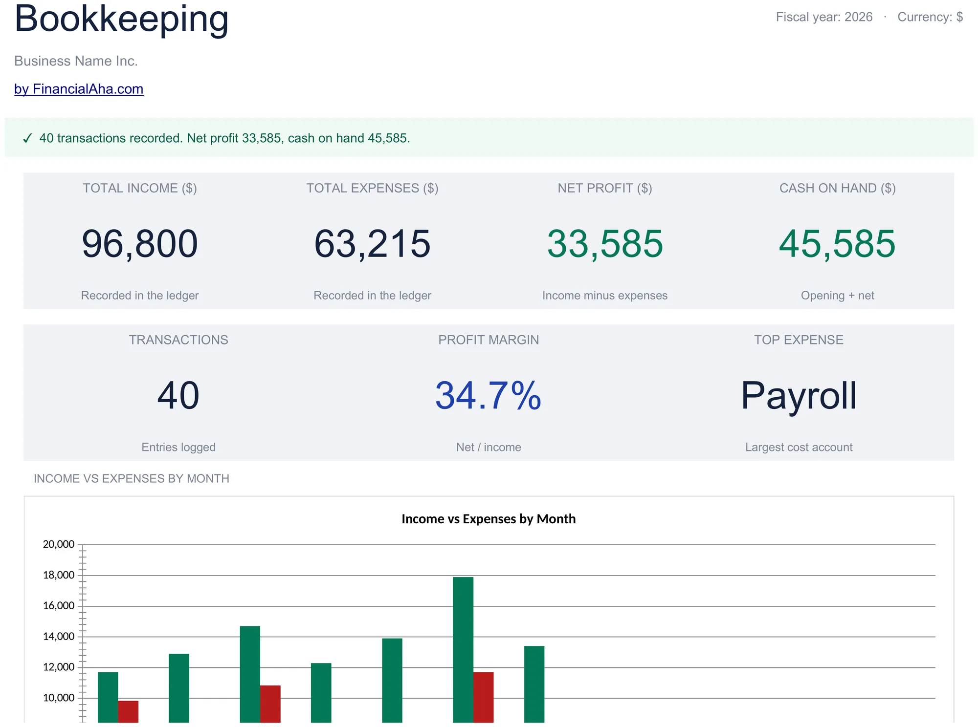 Bookkeeping Spreadsheet Template Preview