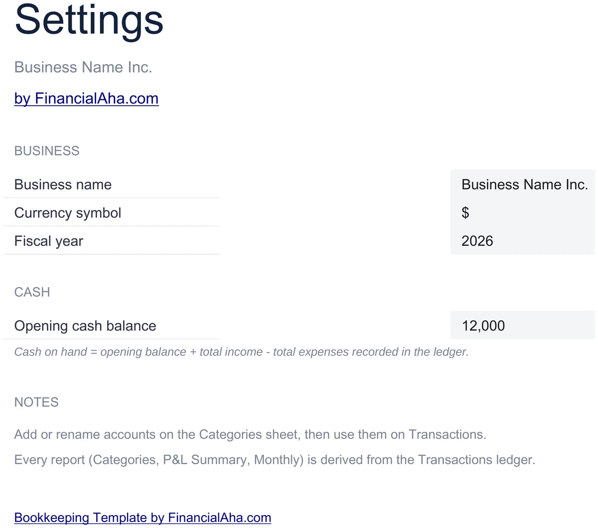 Bookkeeping Settings
