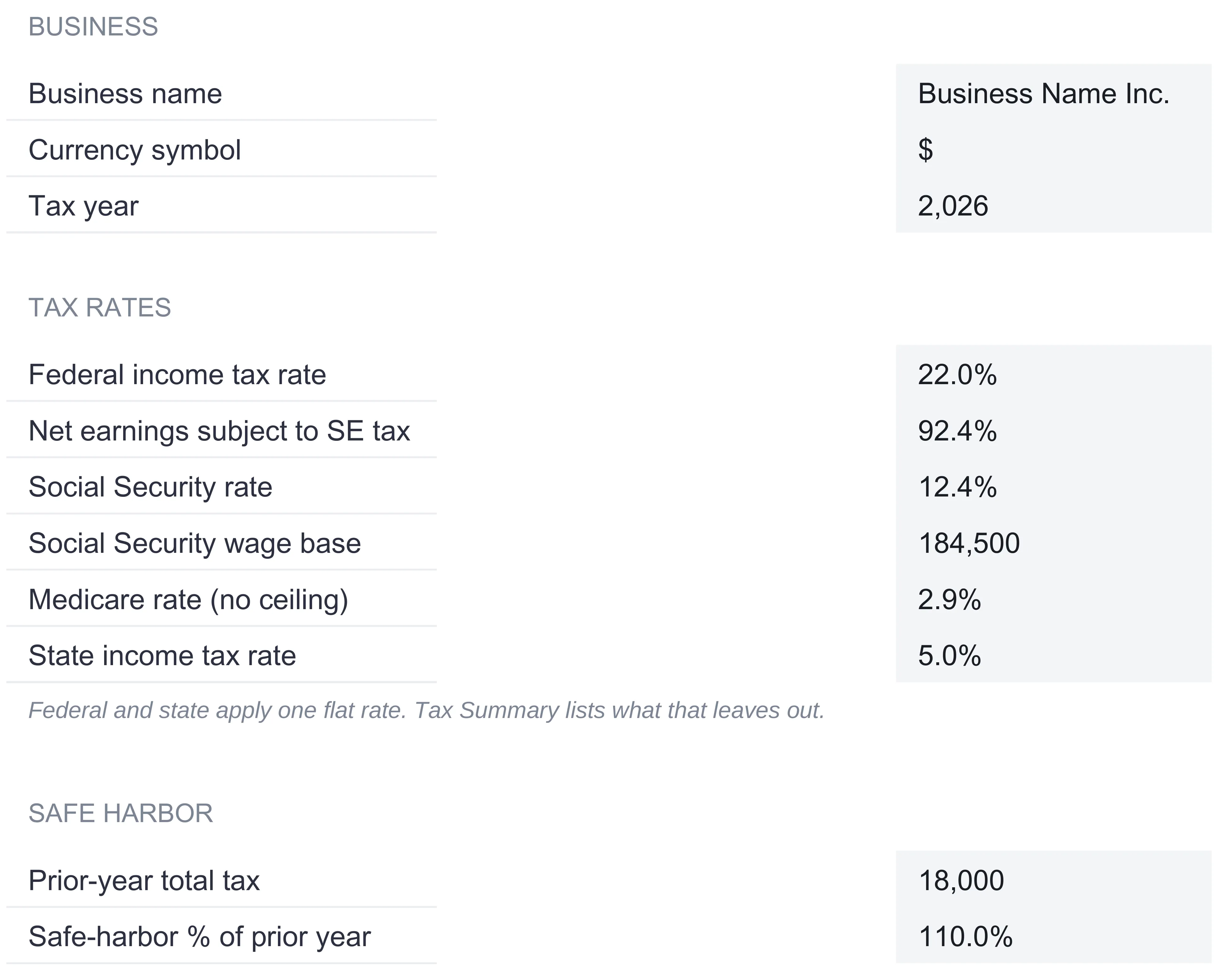 Business Tax Tracker Settings sheet showing a Business block with name, currency symbol, and tax year rendered as 2,026, a Tax rates block listing federal 22.0 percent, net earnings subject to SE tax 92.4 percent, Social Security 12.4 percent, wage base 184,500, Medicare 2.9 percent, and state 5.0 percent, and the start of a Safe harbor block with prior-year tax 18,000 and 110.0 percent.
