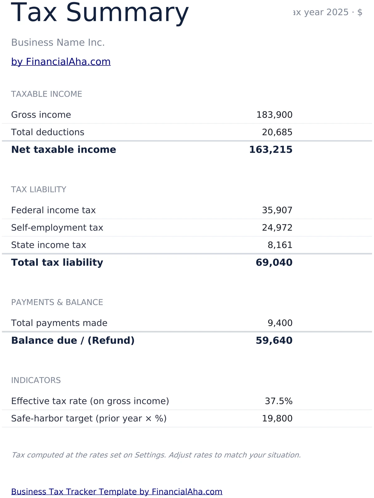 Tax Summary Calculation