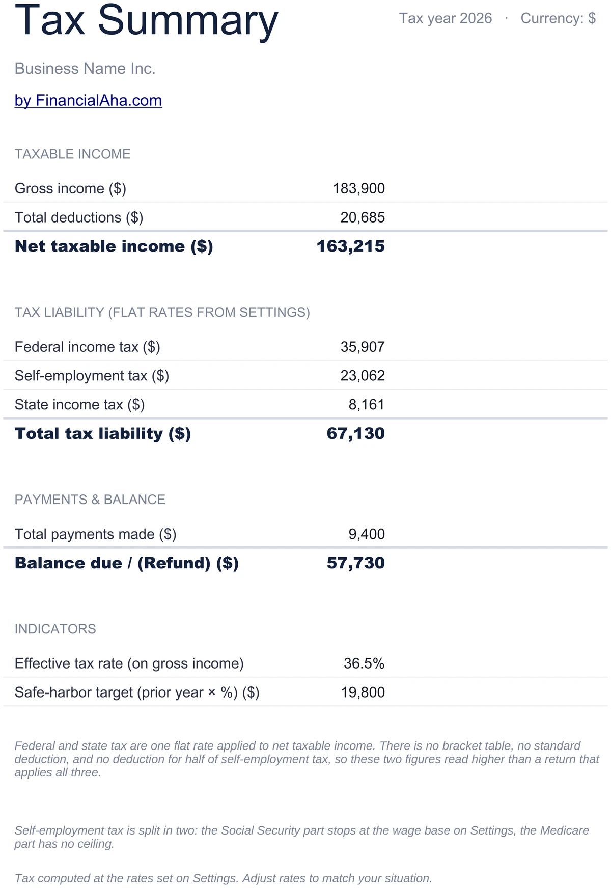 Tax Summary Calculation