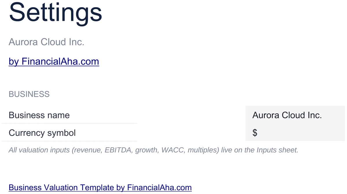 Business Valuation Settings
