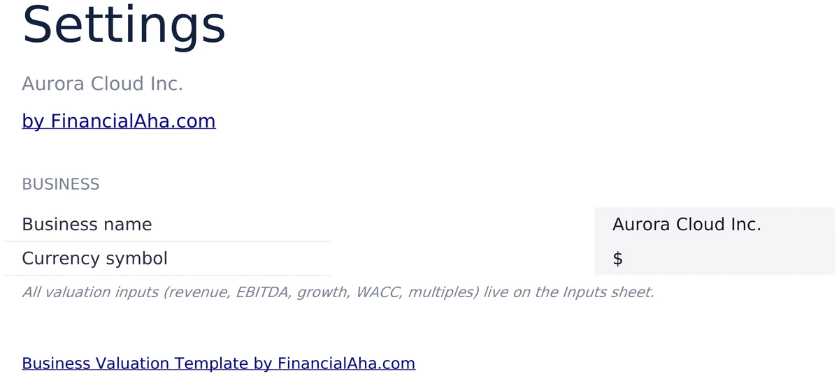 Business Valuation Settings