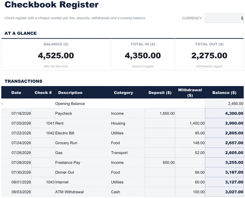 Checkbook Register