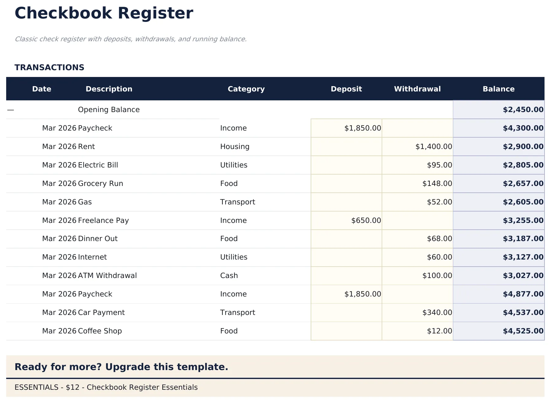 Checkbook Register preview