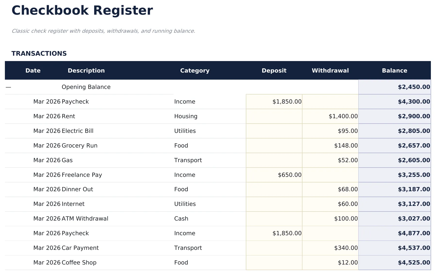 Checkbook Register preview