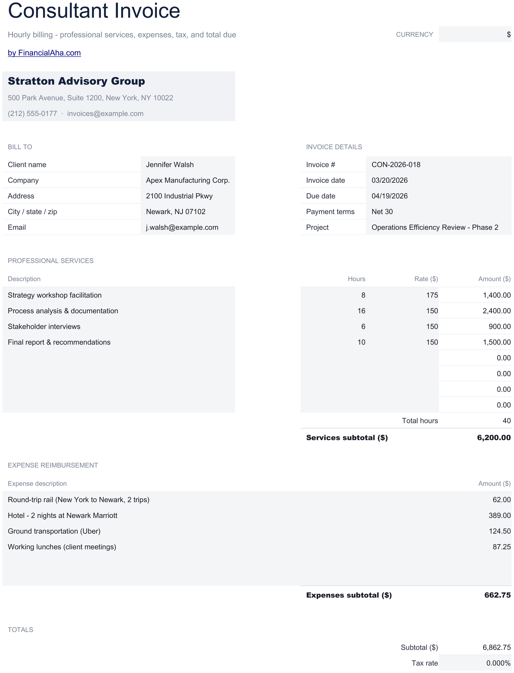 Essentials Consultant Invoice spreadsheet template preview