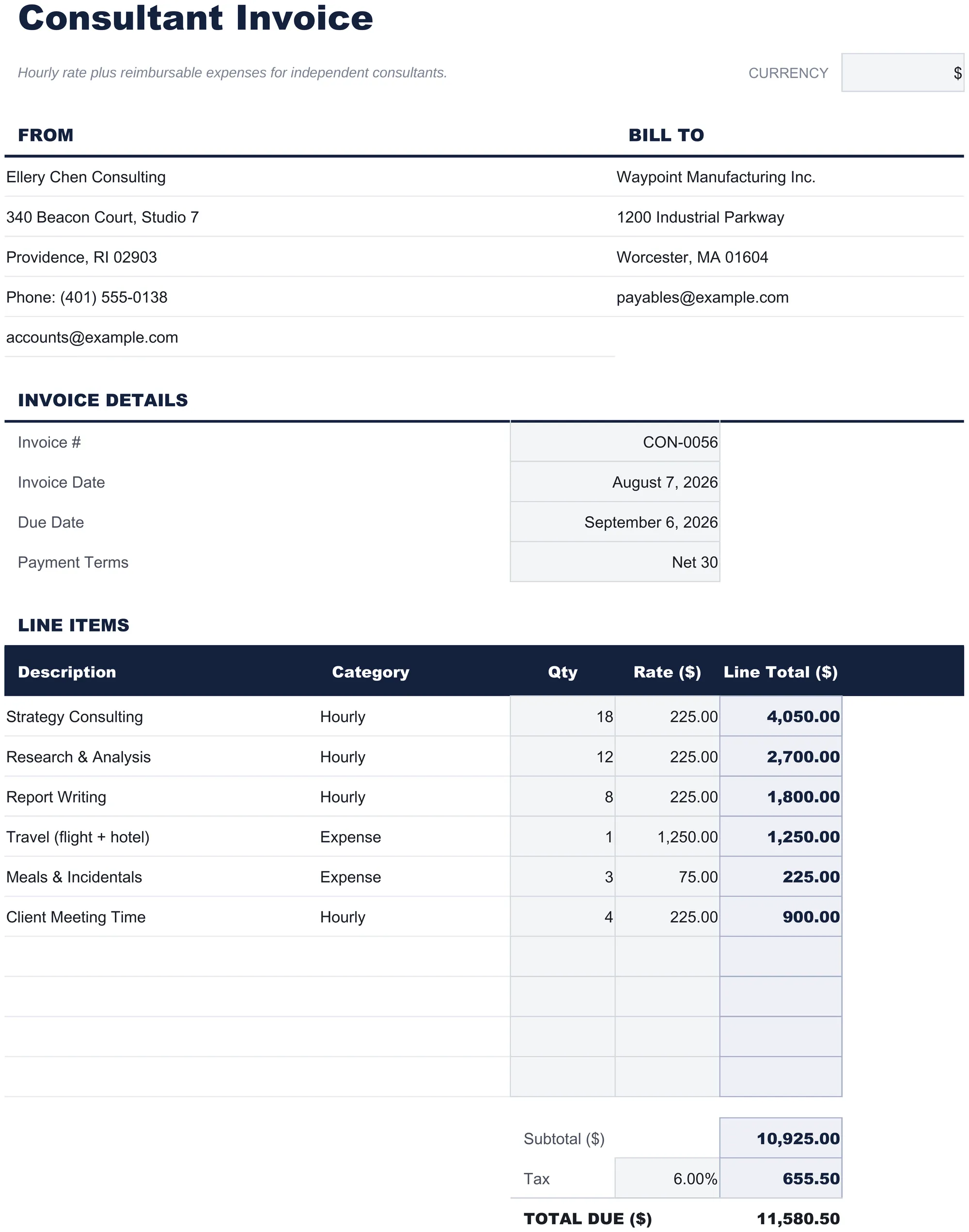 Gratuito Fattura Consulente Modello di foglio di calcolo per Google Sheets ed Excel - dashboard preview