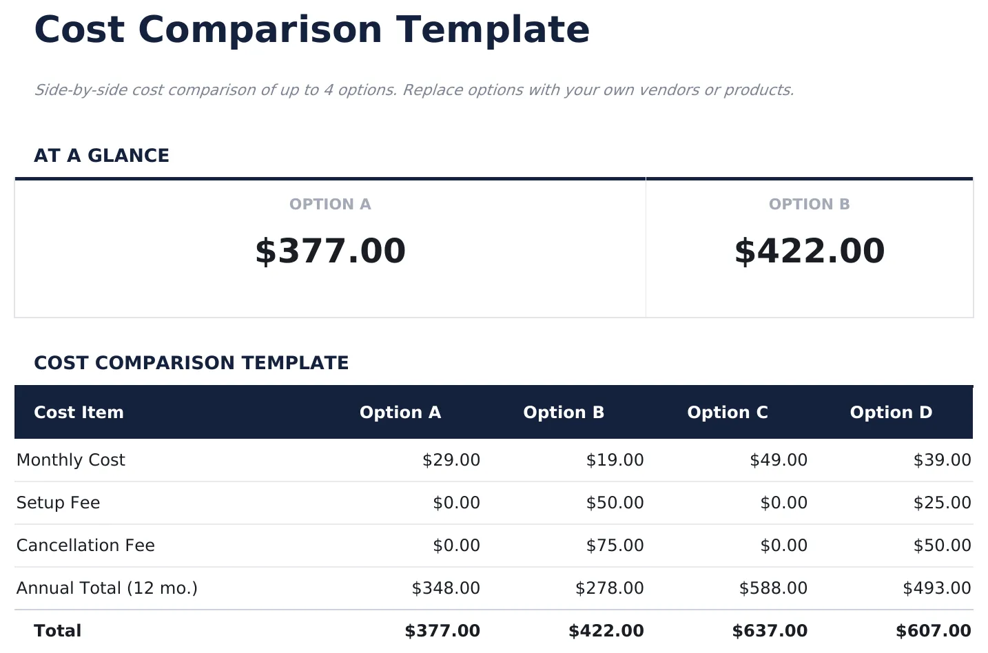 Cost Comparison Template preview