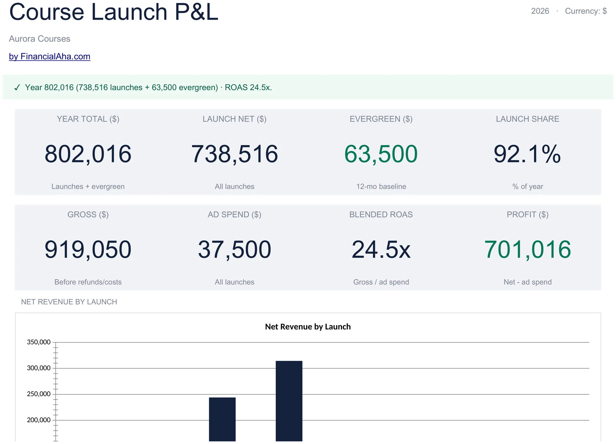 Course Launch P&L Template Preview