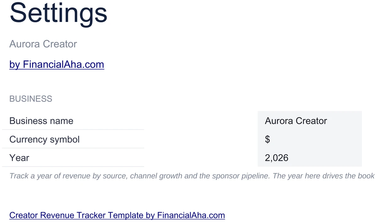 Creator Revenue Tracker Settings Sheet