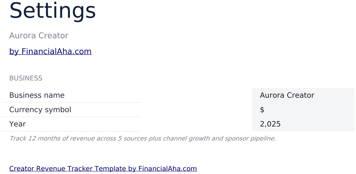 Creator Revenue Tracker Settings Sheet