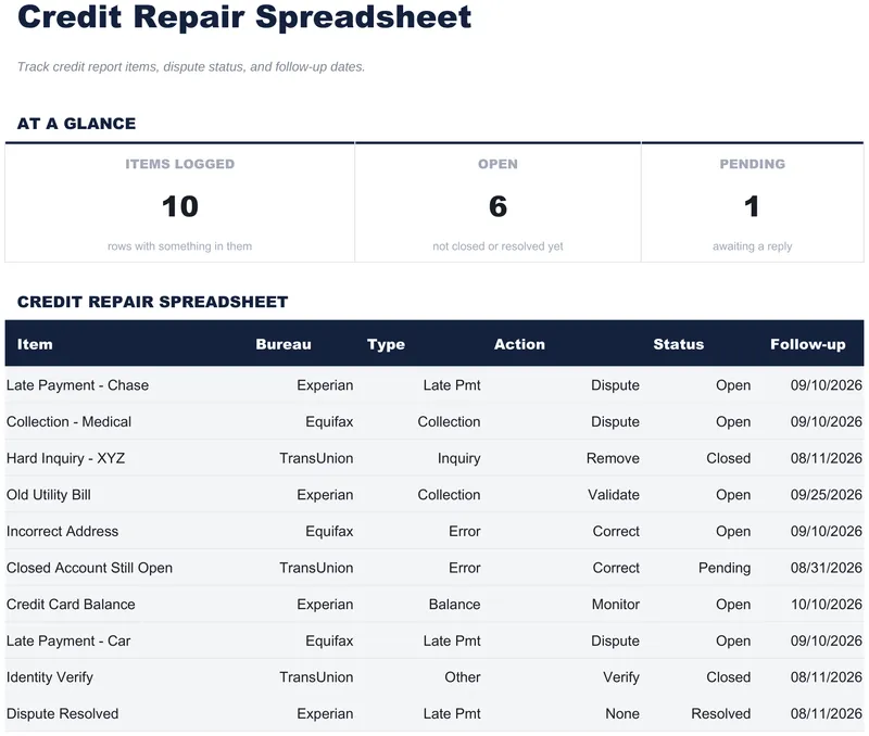 Credit Repair Spreadsheet