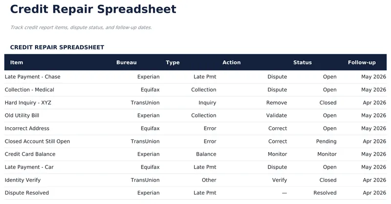 Credit Repair Spreadsheet