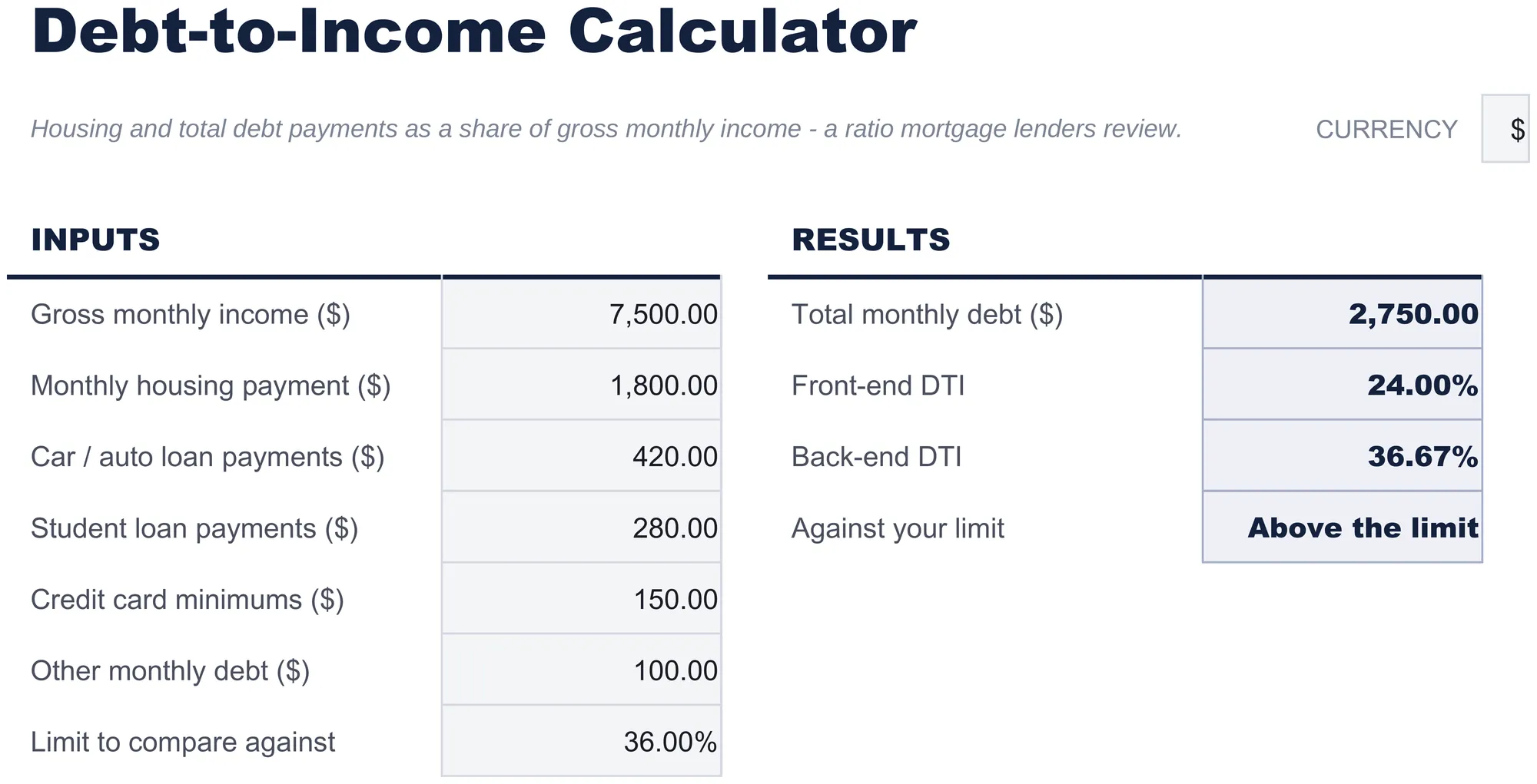 Free Debt-to-Income Calculator Spreadsheet Template for Google Sheets & Excel - dashboard preview