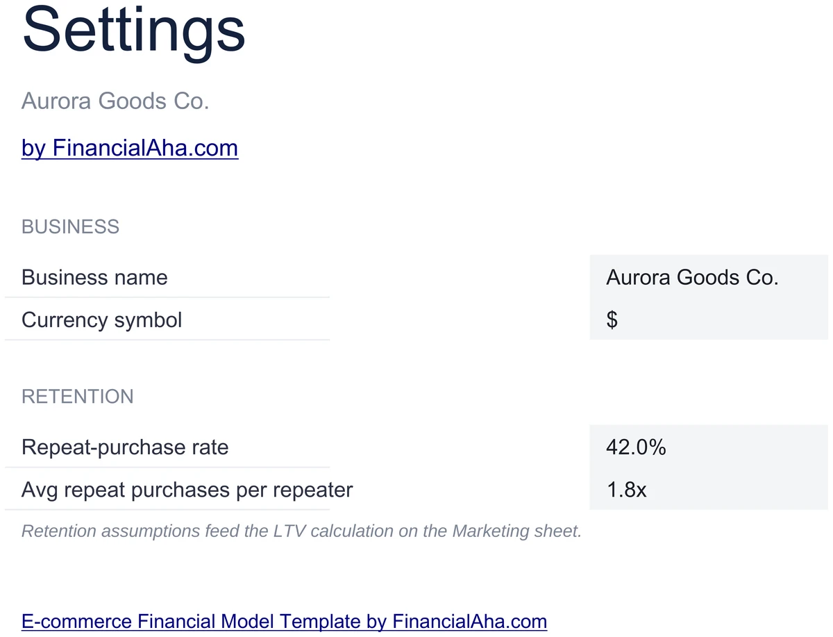 E-commerce Financial Model Settings