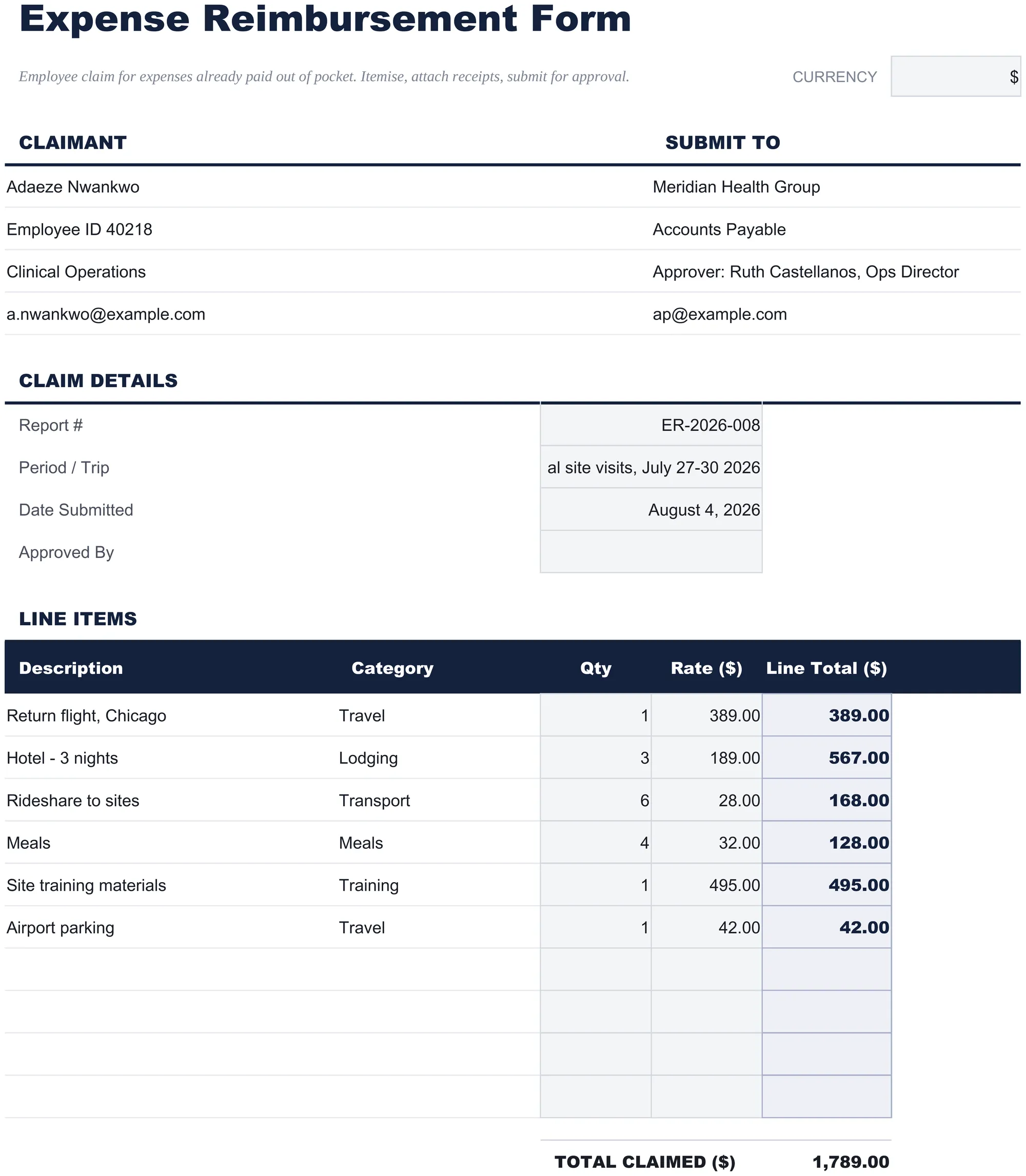Free Expense Reimbursement Form Spreadsheet Template for Google Sheets & Excel - dashboard preview