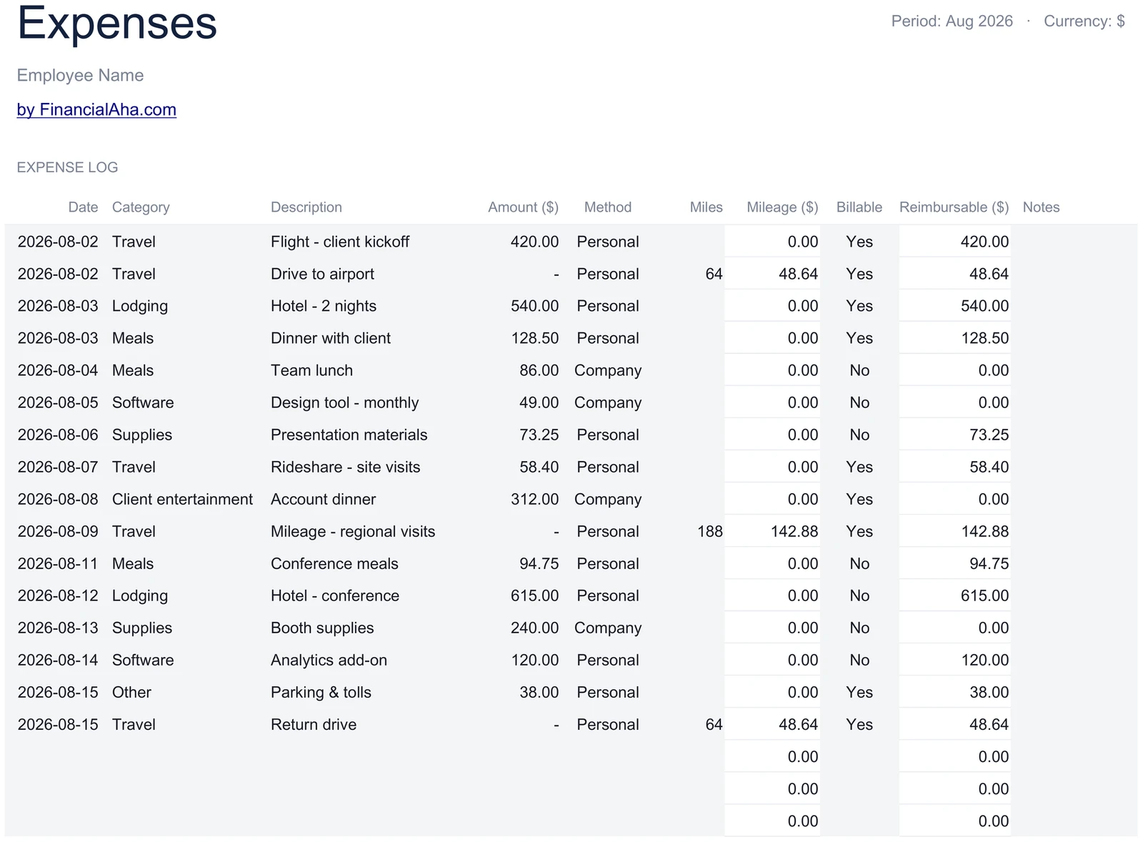 Expense Log with Reimbursable Calculation