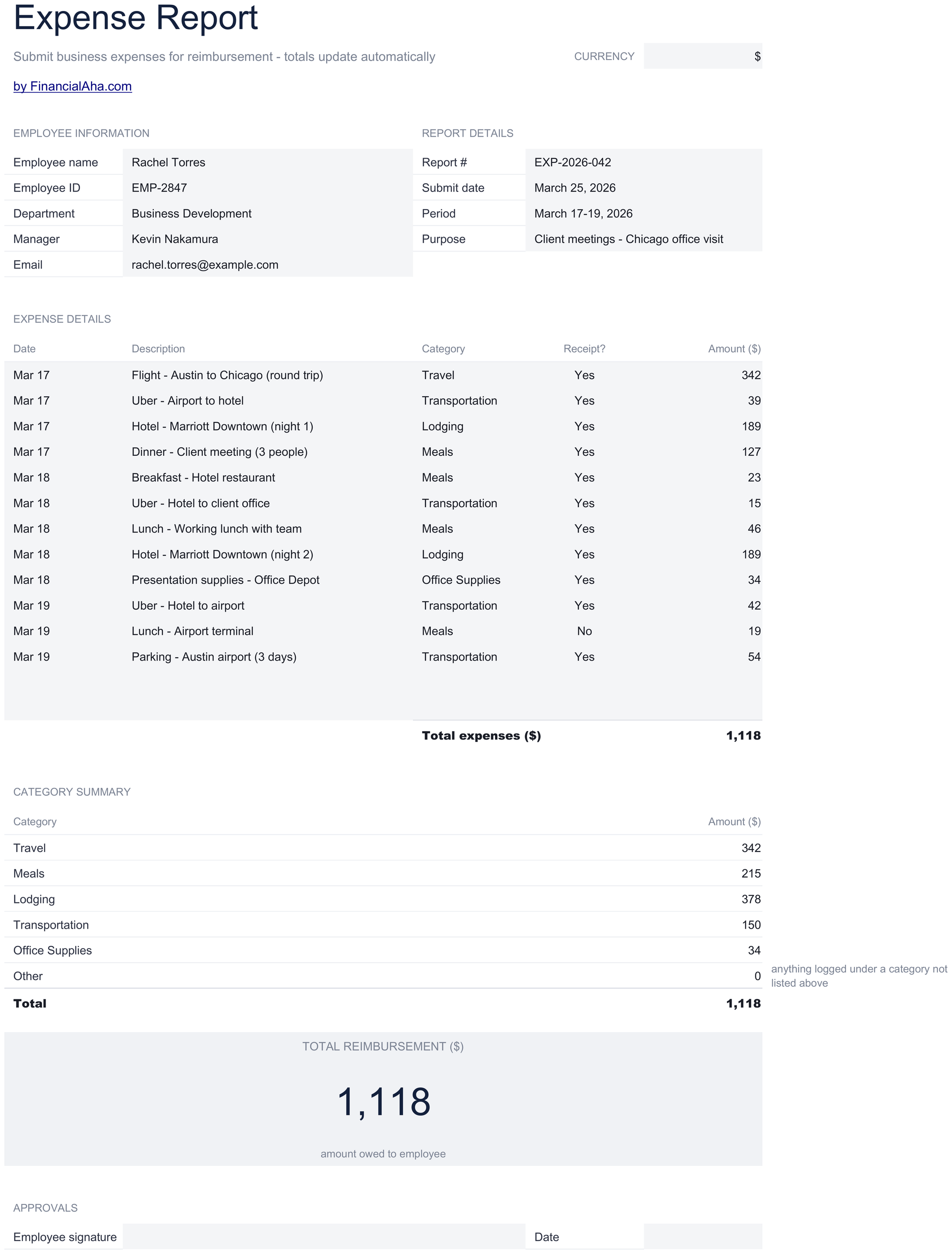 Essentials Expense Report spreadsheet template preview