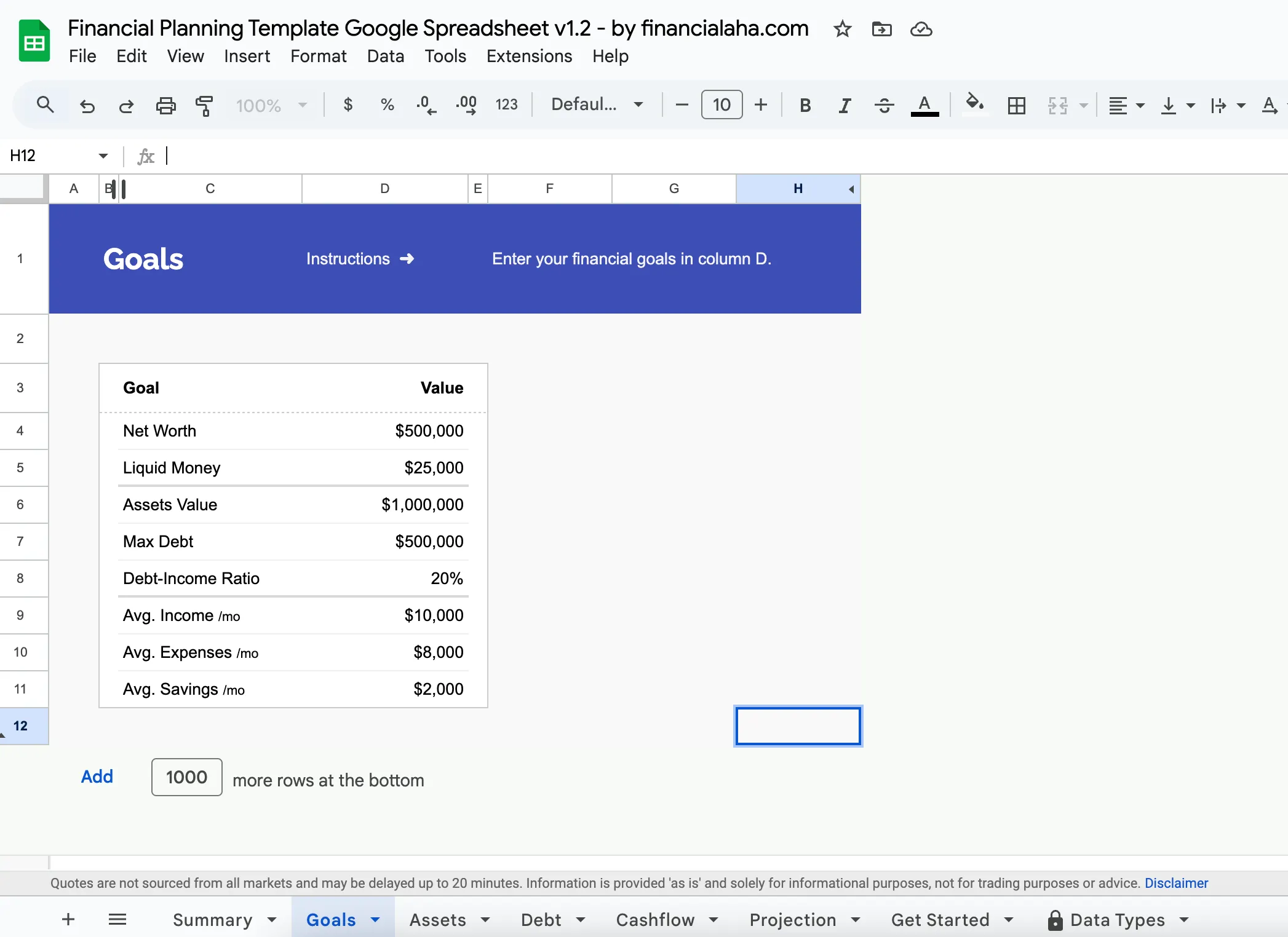 Goals tab of the FinancialAha Financial Planning Template showing a Liquid Money target alongside net worth and debt goals
