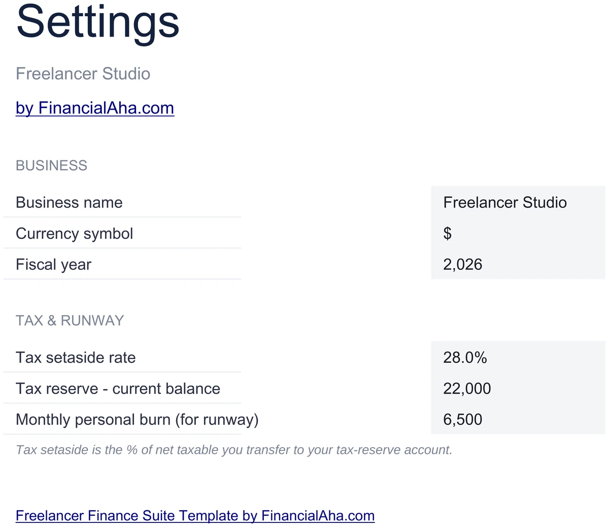 Freelancer Suite Settings Sheet