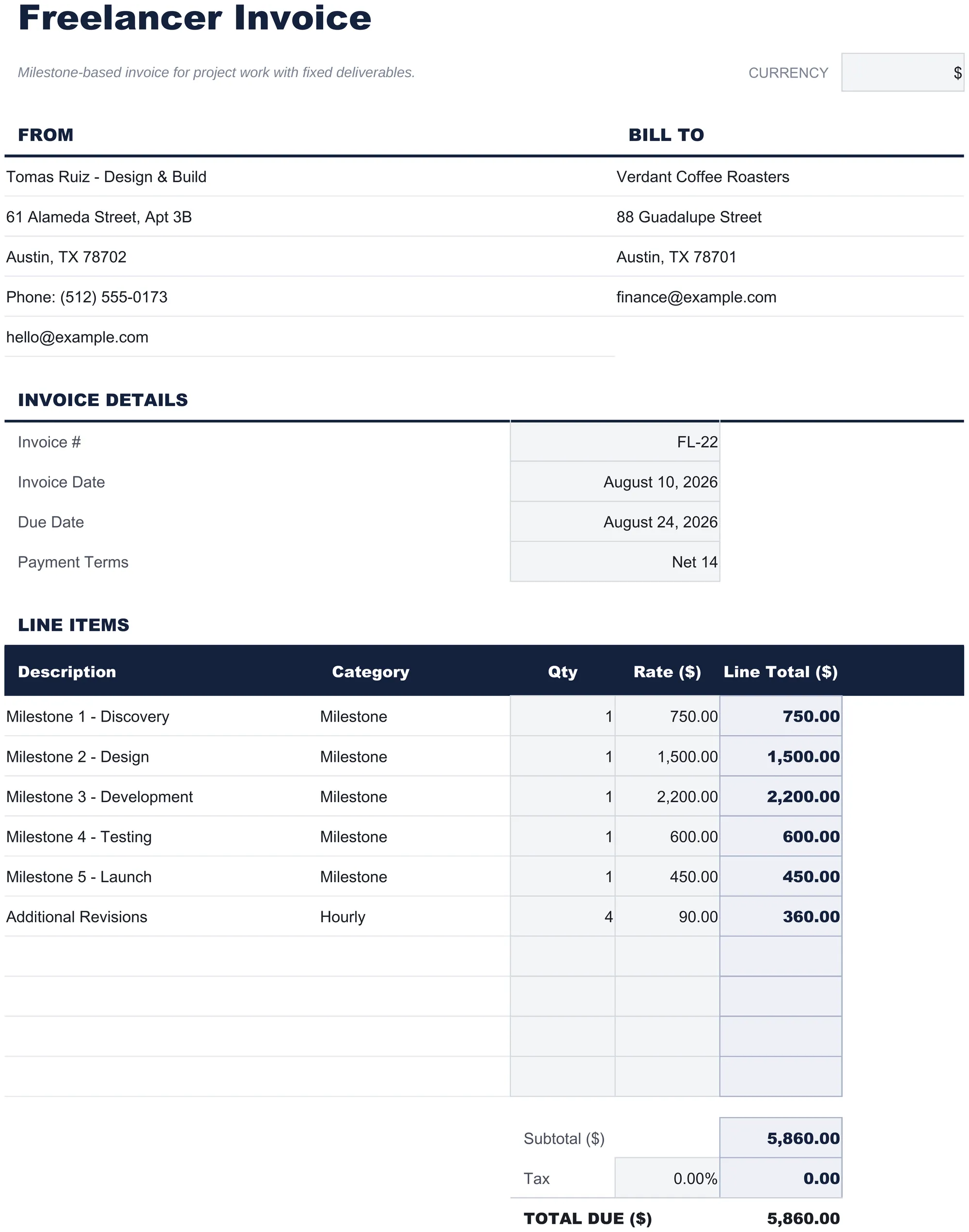 Free Freelancer Invoice Spreadsheet Template for Google Sheets & Excel - dashboard preview