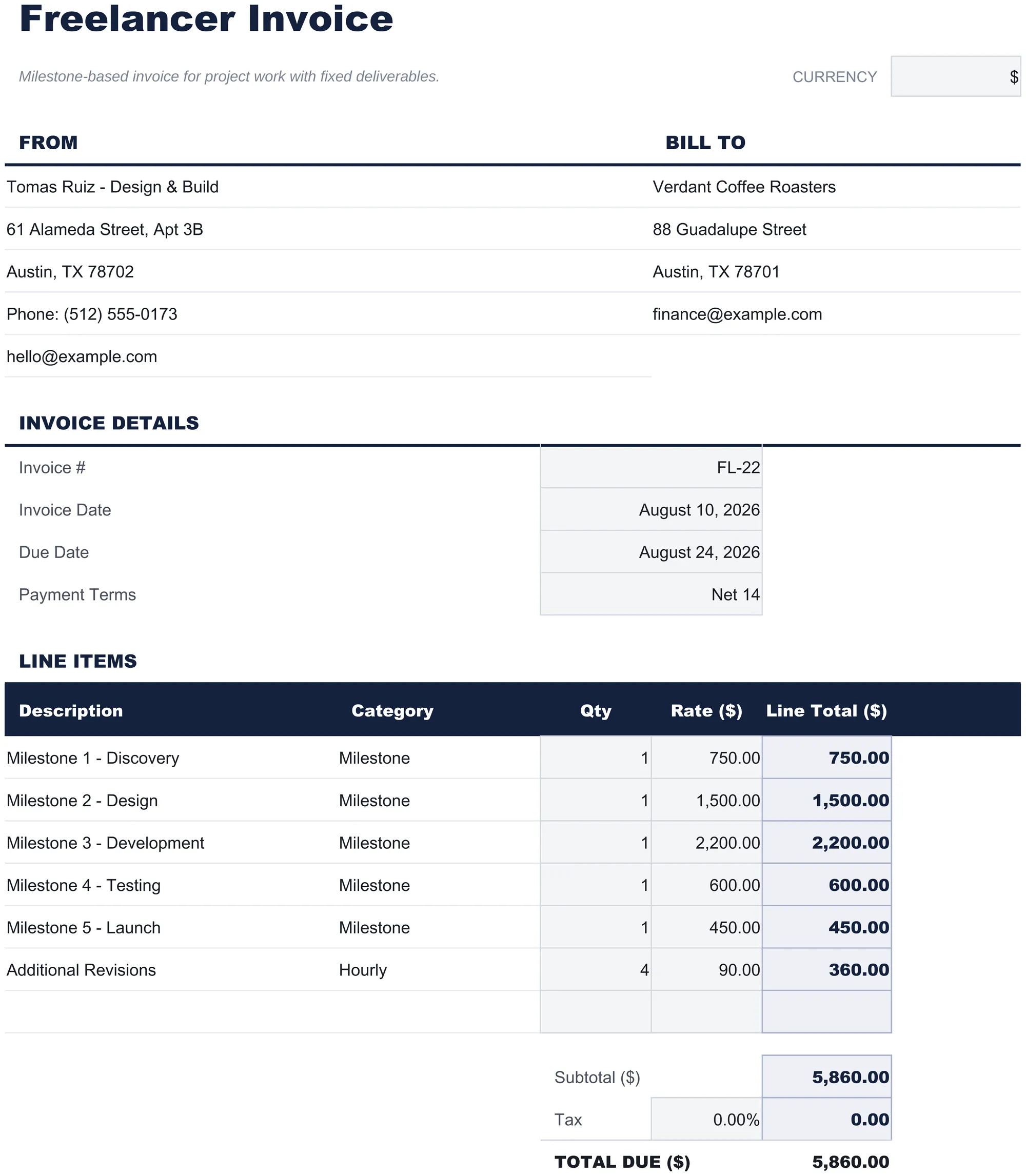 Gratis Factura para Freelancers Plantilla de hoja de cálculo para Google Sheets y Excel - dashboard preview