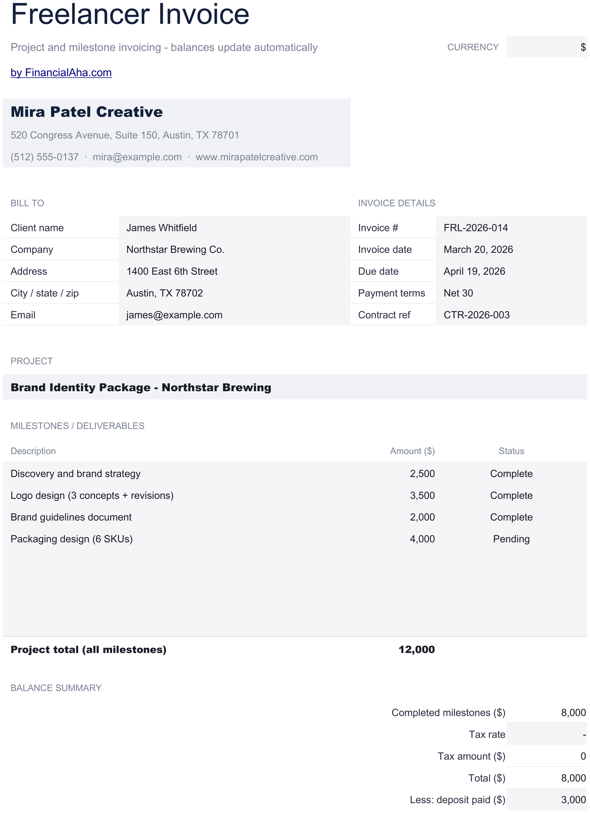 Essentials Freelancer Invoice spreadsheet template preview
