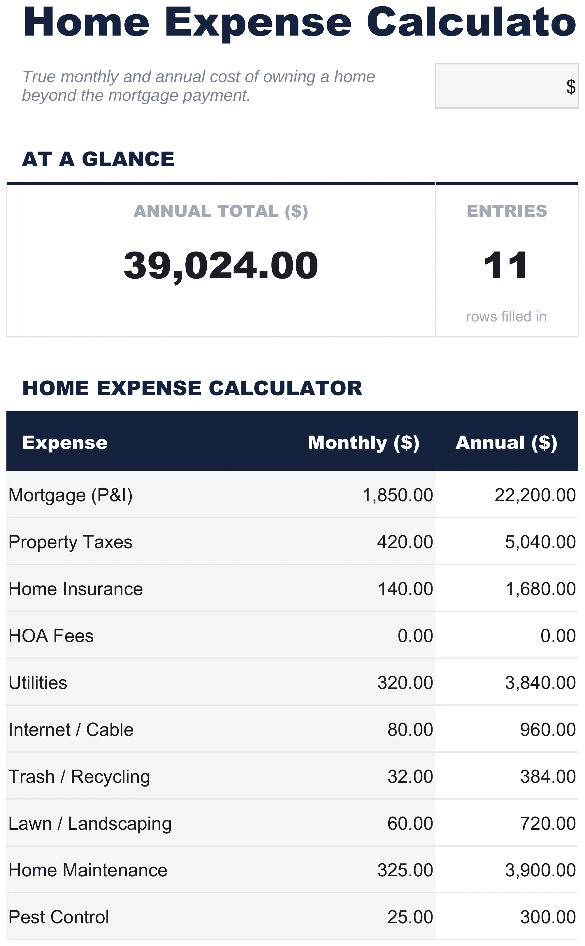 Free Home Expense Calculator Spreadsheet Template for Google Sheets & Excel - dashboard preview