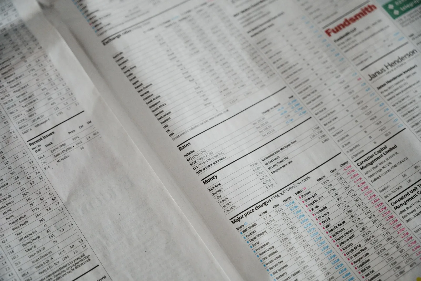 Close-up of a newspaper finance section with rows and columns of small printed numerical data in grey tones