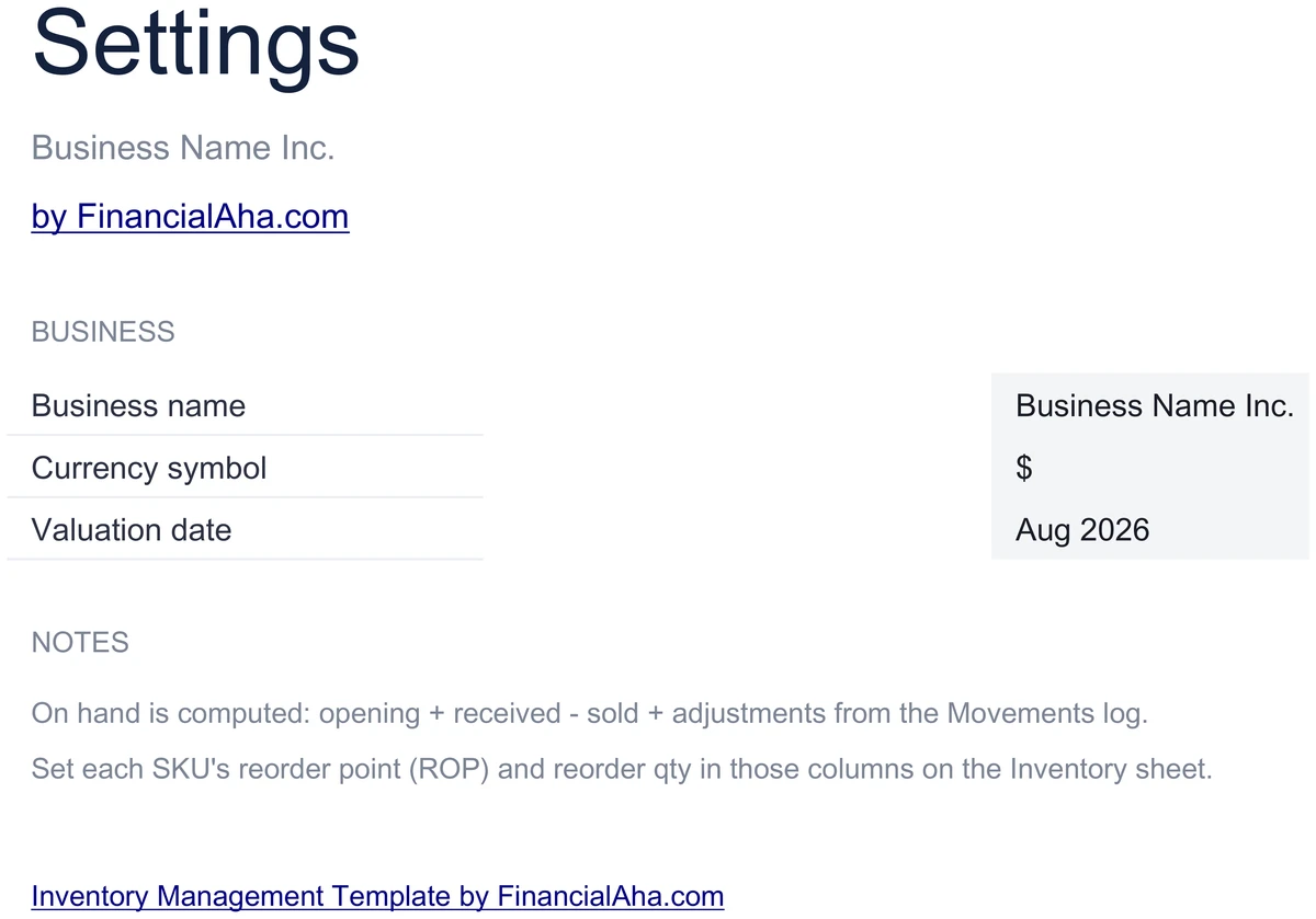 Settings - Business, Currency, and Valuation Date