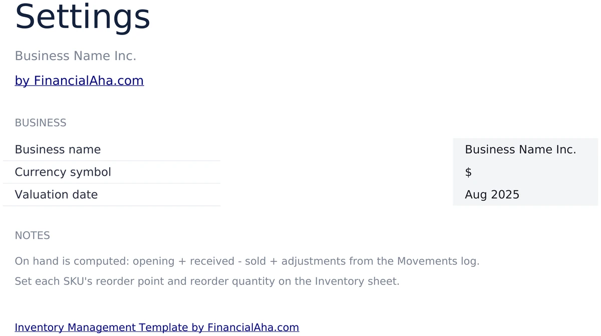 Settings - Business, Currency, and Valuation Date