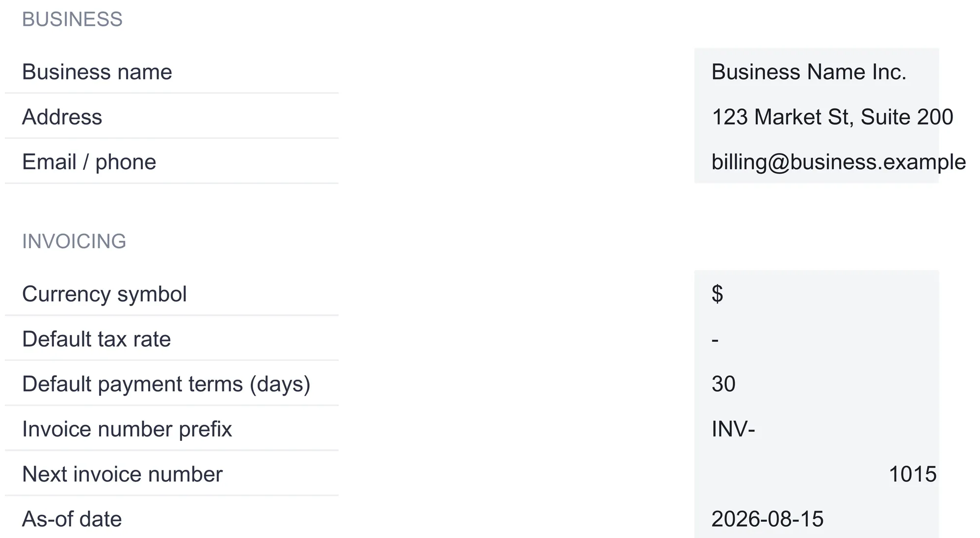 Invoice tracker Settings sheet listing business name, address, and email, then a currency symbol set to dollar, default tax rate, default payment terms of 30 days, invoice prefix INV-, next invoice number 1015, and an As-of date of 2026-08-15.