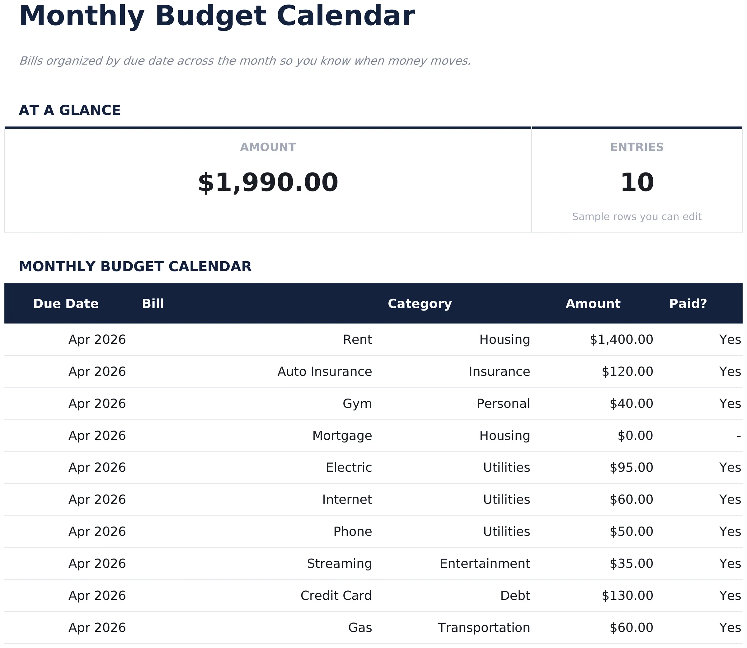 Monthly Budget Calendar preview