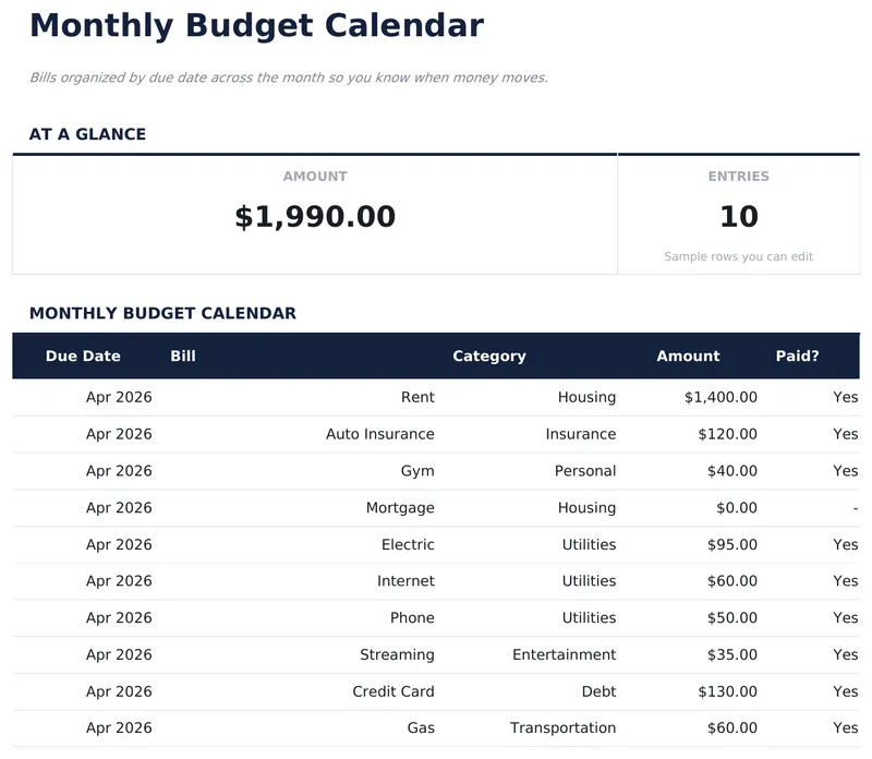 Monthly Budget Calendar