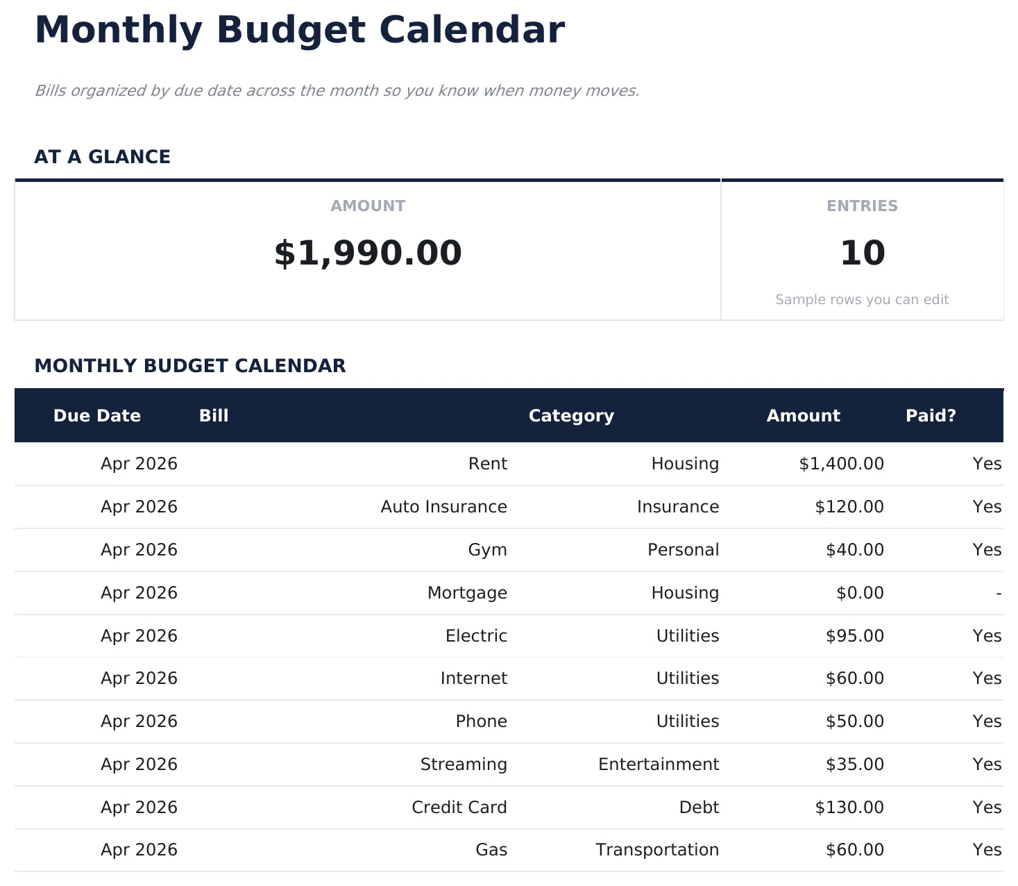 Monthly Budget Calendar preview