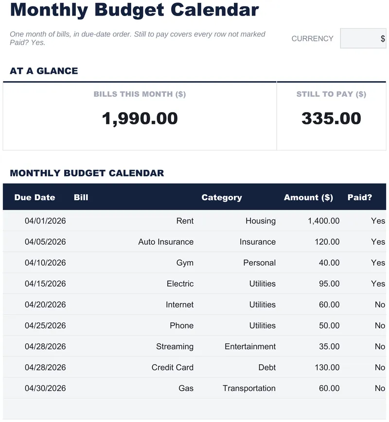 Monthly Budget Calendar
