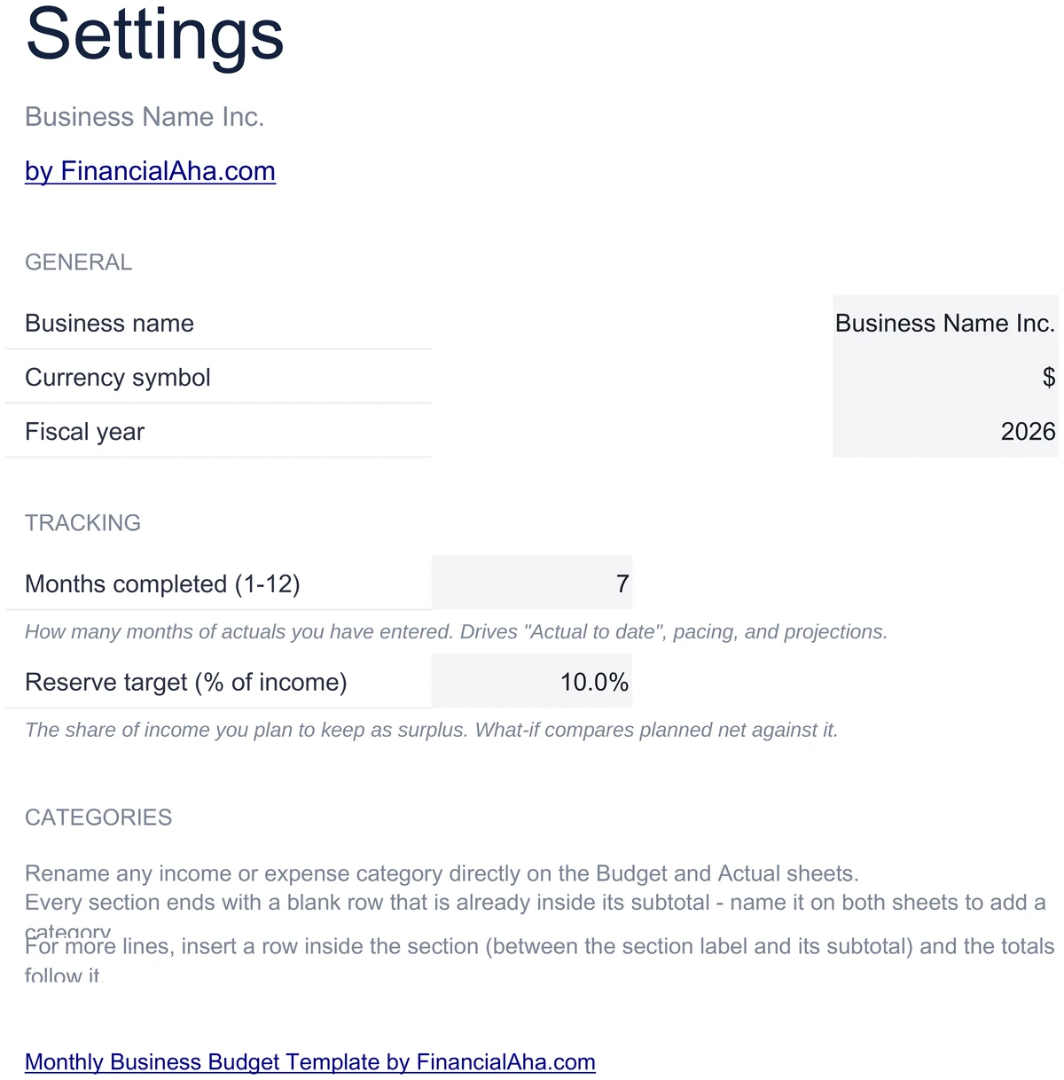 Monthly Business Budget Settings