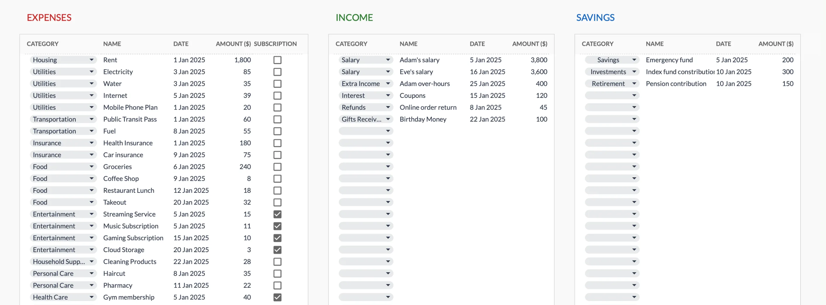 Monthly Expense Tracker transactions table with category dropdowns, dates, and amounts