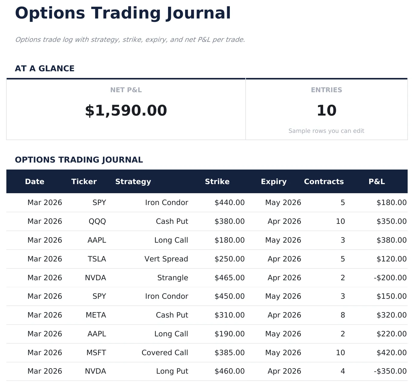 Options Trading Journal preview