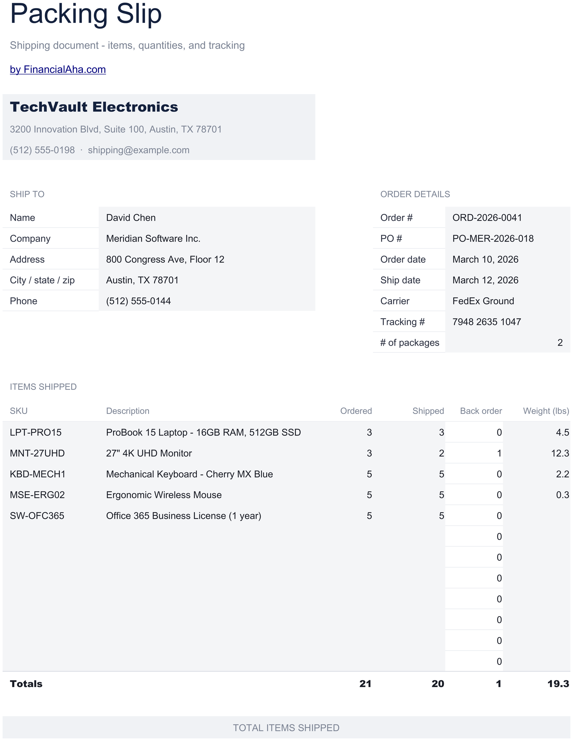 Essentials Packing Slip spreadsheet template preview